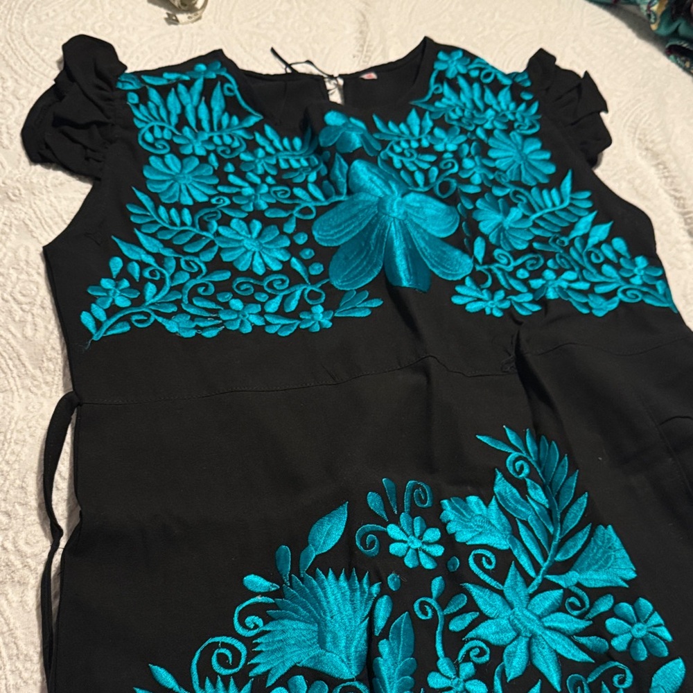 Mexican Floral Embroidered Black and Teal Dress